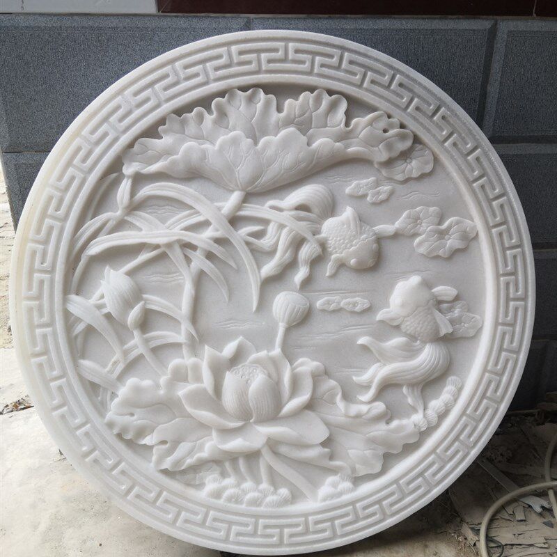 石雕汉白玉浮雕壁画晚霞红青石庭院影壁墙玄关花开富贵地雕福字