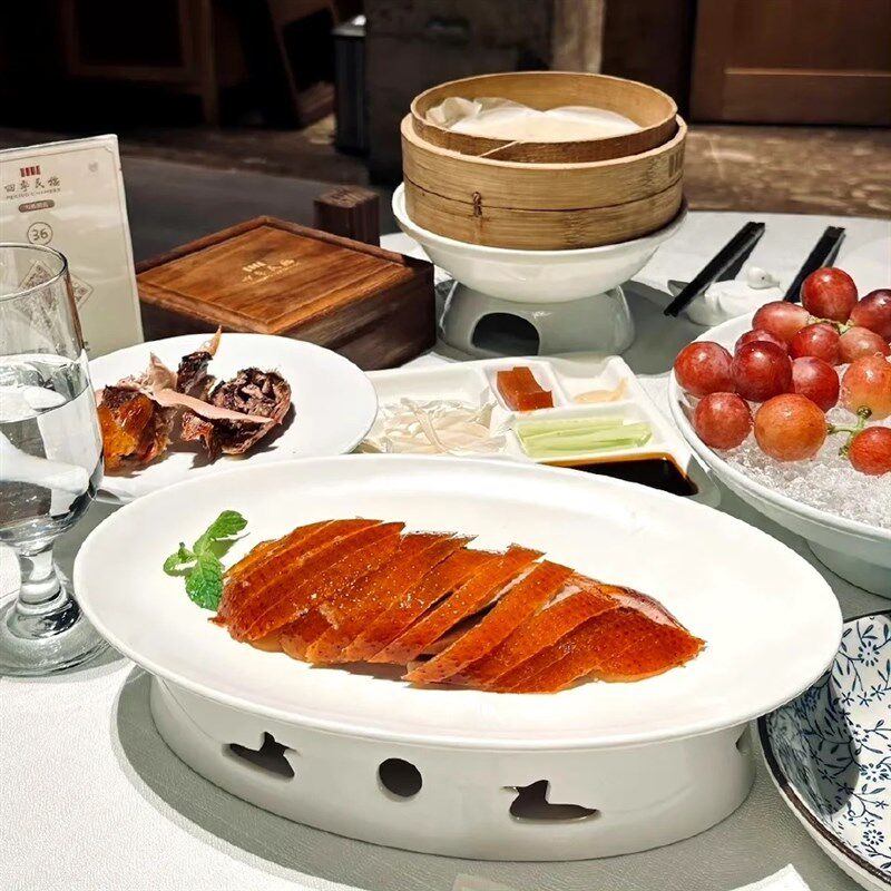 北京烤鸭盘纯白陶瓷保温盘高档会所加热摆盘精细菜料理盘加热炉盘