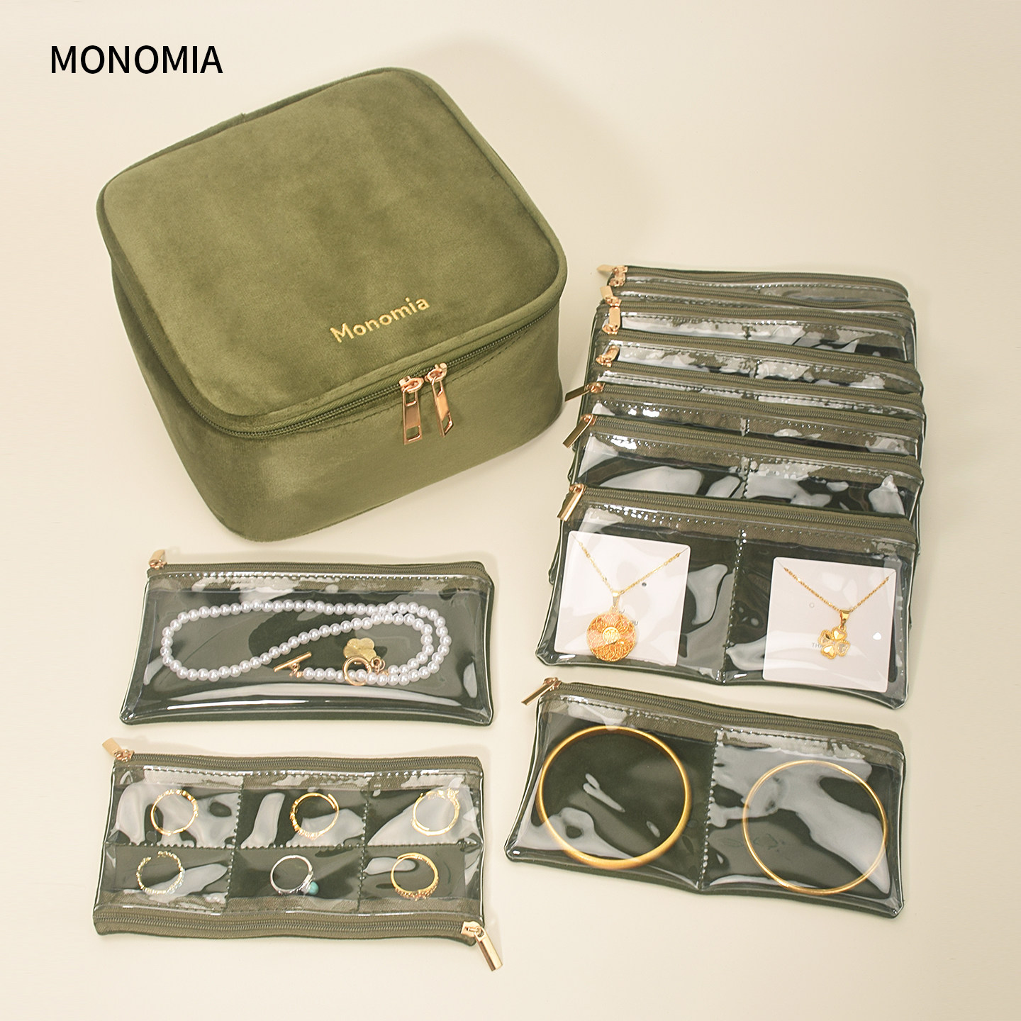 Monomia丝绒首饰收纳包大容量透明分格首饰盒旅行便携首饰收纳袋