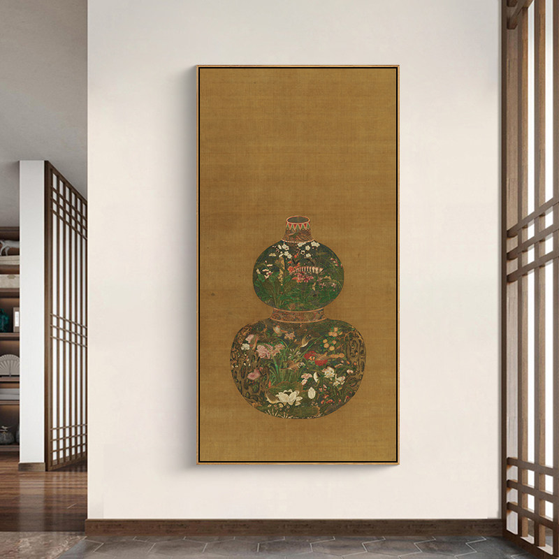 葫芦花瓶图中式入户玄关挂画正对门竖版客厅背景墙装饰画花鸟国画