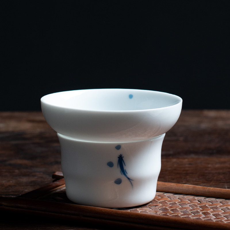 手绘茶滤功夫茶具茶漏白瓷釉下彩小鱼白网布滤网带底座茶道零配件