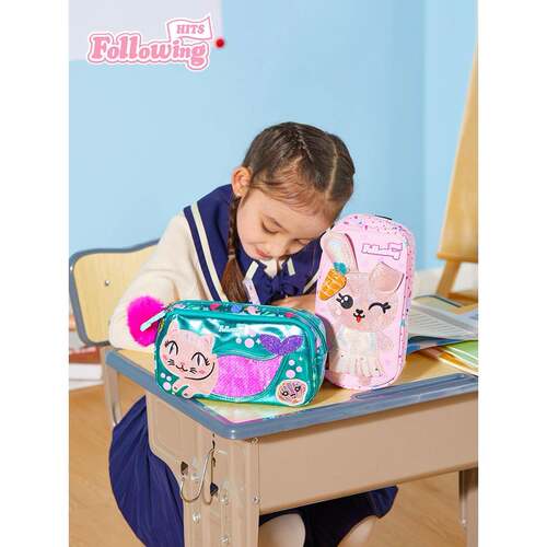 FH开学季小学生男女美人鱼猫大容量双层收纳笔袋亮片毛球文具盒