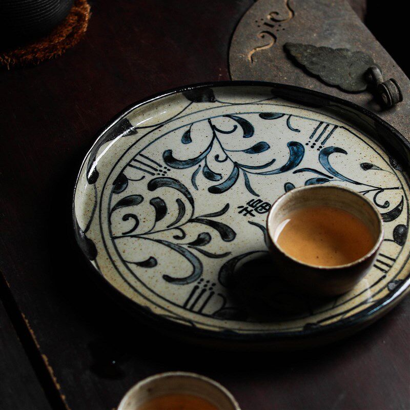 独清 手绘福字干泡茶盘 陶瓷复古功夫茶具点心盘壶托盘壶承干泡台