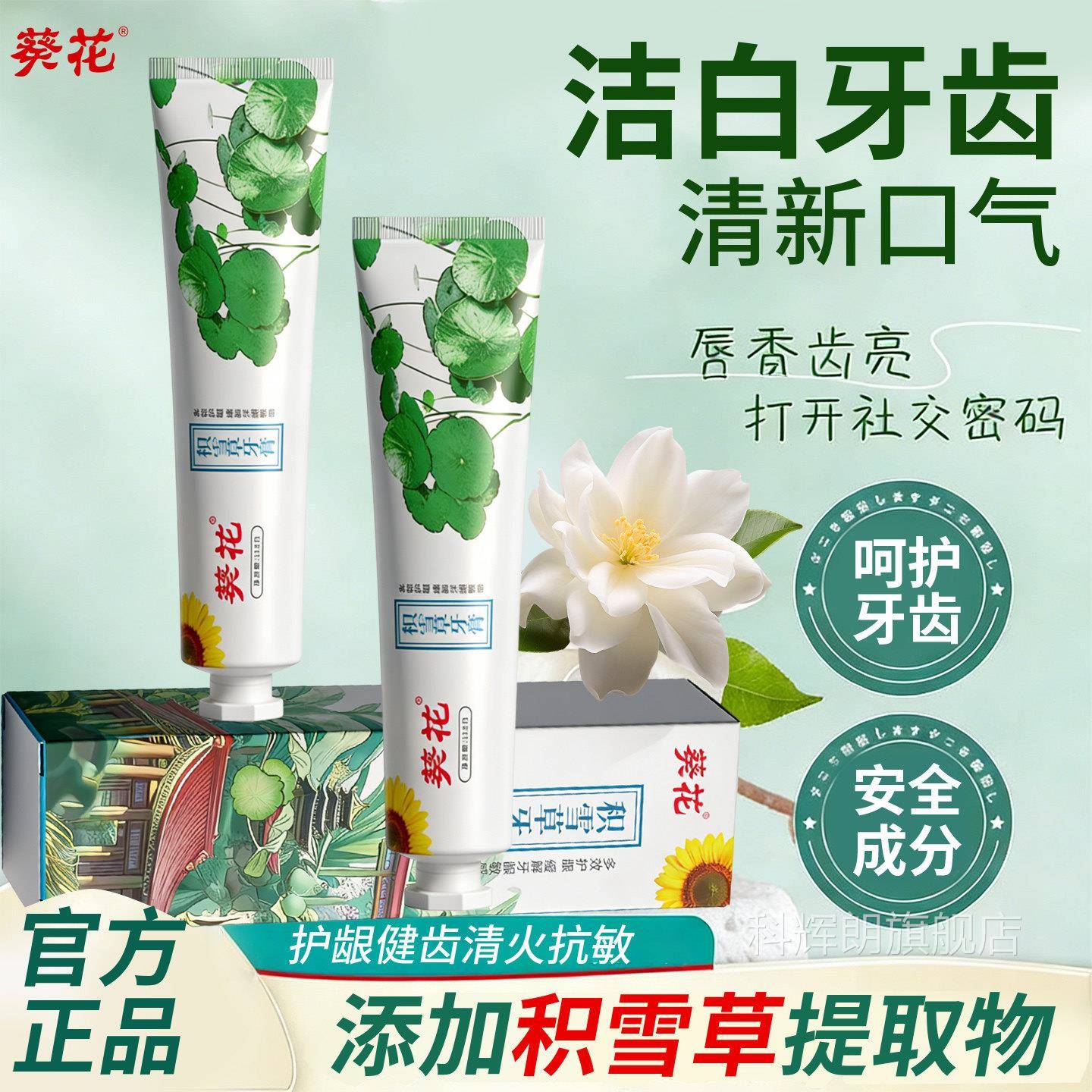 葵花中药牙膏积雪草青蒿救必应姜黄白清芷清新口气洁牙渍官方正品