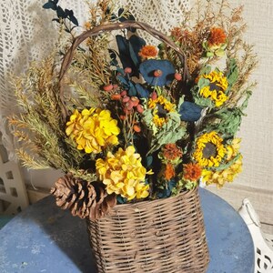 油画视感乡村风格干花家居花篮摆件向日葵绣球浆果木太阳花艺软装