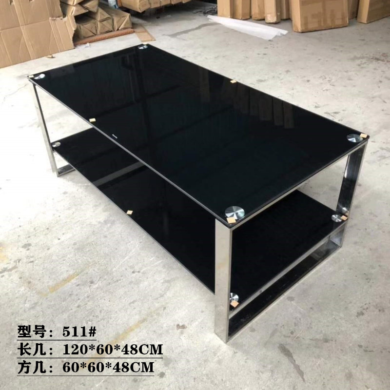 广东家具高档茶几1.2米长茶几 黑色钢化玻璃面茶几组合 0.6米方几