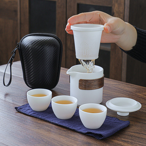 智典素烧羊脂玉旅行茶具套装小套便携包式一壶二杯快客杯茶壶茶杯