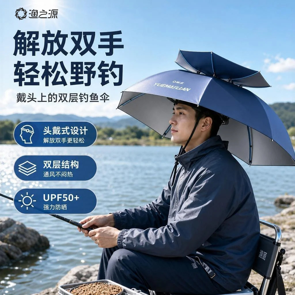 渔之源钓鱼伞帽头戴式雨伞斗笠折叠头顶伞双层大号遮阳防晒帽子伞