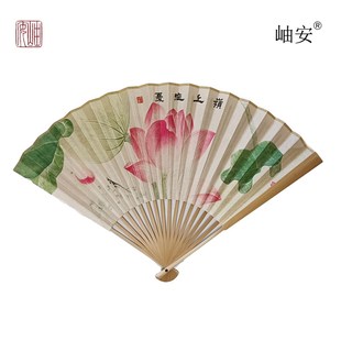 岫安折扇-礼品扇荷花扇9.5寸文人扇玉竹绢扇汉服活动舞蹈拍照用扇