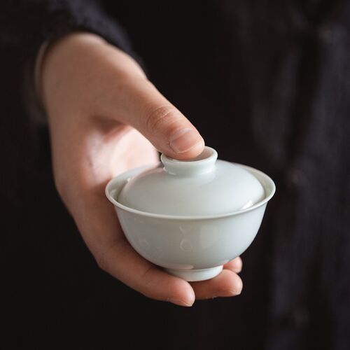 宛玉 甜白釉茶具套组月白盖碗 卧足杯 80ml元宝盖碗 普洱杯主人杯