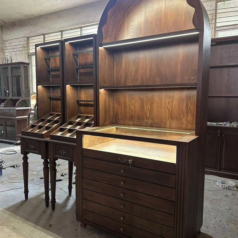 木质珠宝首饰展示柜古玩玉器多抽屉饰品架法式复古靠墙柜带灯