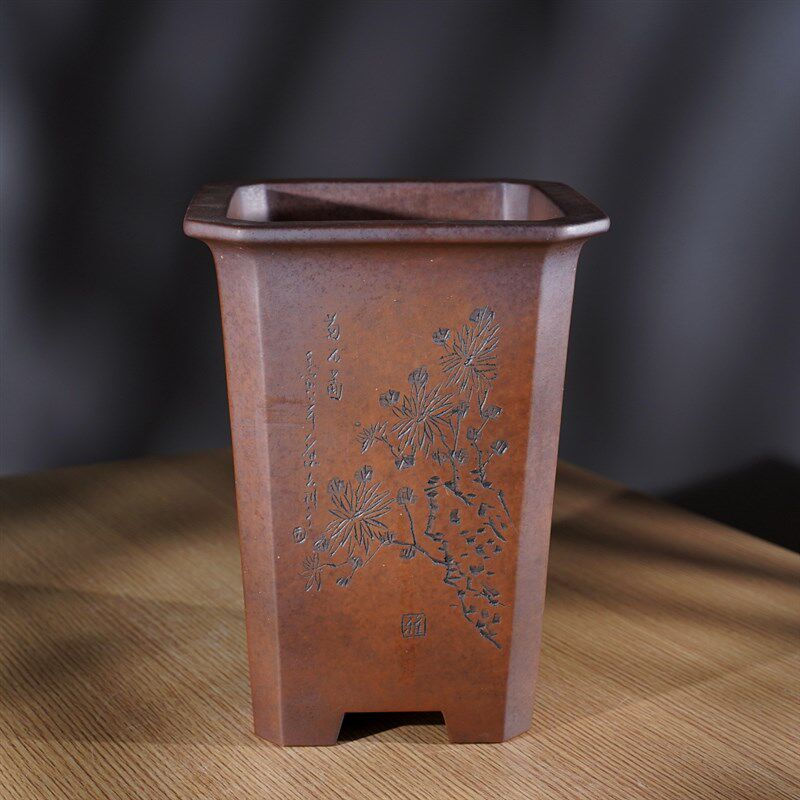 新款特大号精品高四方切角名家秦夕洪段泥深色柴烧签筒兰花盆景盆