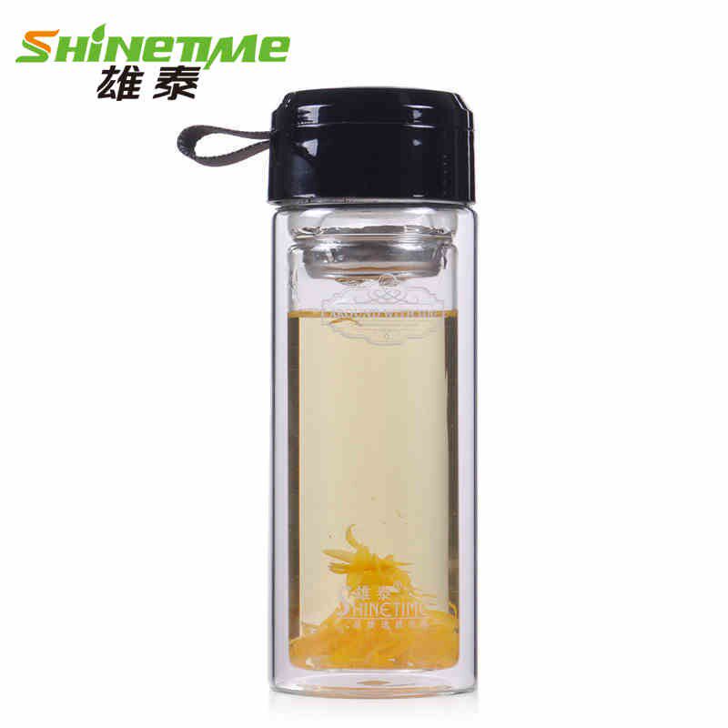 雄泰双层玻璃杯透明带盖男女水晶杯隔热耐冷水杯便携花茶杯提绳