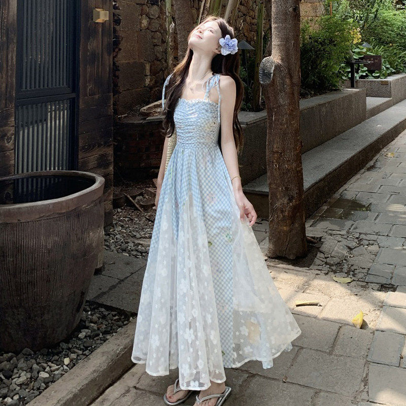 波西米亚蓝色碎花吊带洋