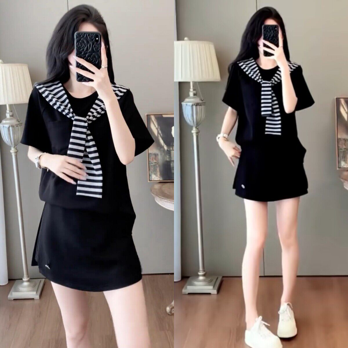 巨好看的夏季套装女小个子时尚短袖上衣半身裙裤裙休闲减龄三件套