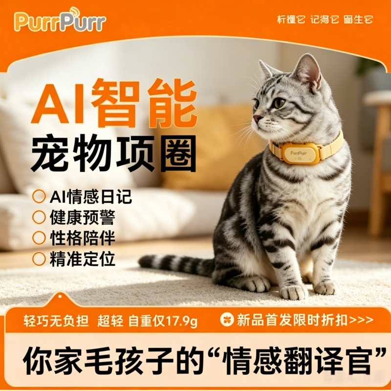 Purrpurr智能AI宠物项圈猫咪狗狗情感翻译器GPS定位器宠物情绪识别健康数据监测设备