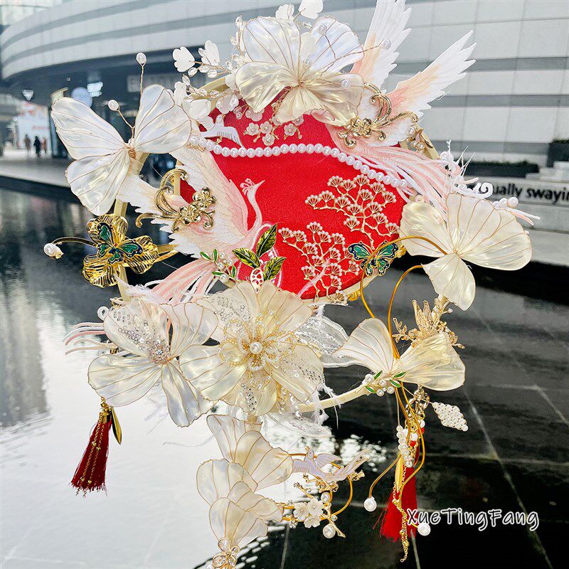 雪亭坊定制造花液秀禾喜扇婚礼新娘减龄结婚蓝色双面圈团扇材料包