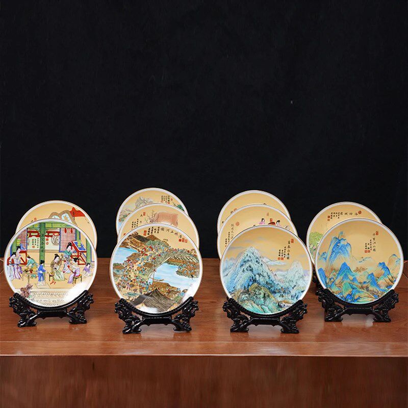 国宝十绝赏盘十件名画十大宗师十大赏盘陶瓷摆盘手绘工艺品摆件