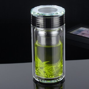 俊范矮胖粗双层玻璃杯男士女加厚商务泡茶杯茶水分离水杯透明高档