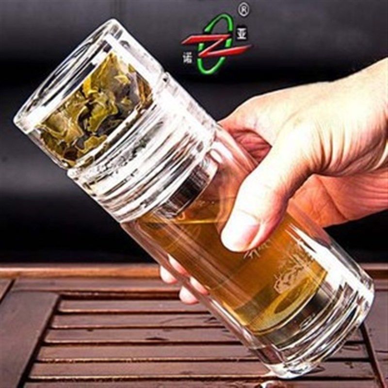 诺亚口杯双层透明水晶玻璃茶水分离玻璃杯茶艺杯男女过滤便携水杯