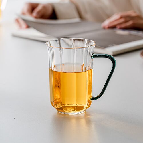 中式海棠花大容量耐高温带把玻璃水杯果汁杯牛奶杯啤酒杯茶杯杯子