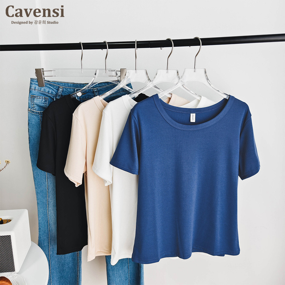 Cavensi夏季宽松显瘦圆领T恤女大码短袖韩版百搭休闲通勤极简风