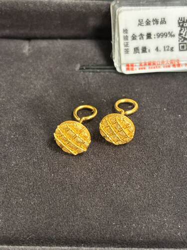 黄金菱格几何圆形耳钉足金耳饰