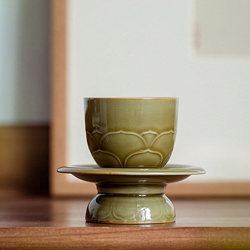 越窑秘色陶瓷功夫茶杯带杯垫创意莲花托盏家用品茗杯主人杯单杯子