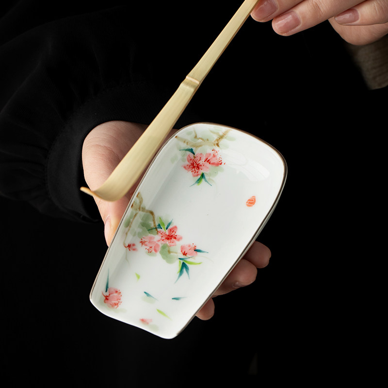 陶瓷手绘桃花茶则茶荷功夫茶具家用茶勺茶拨分茶器茶道零配定制