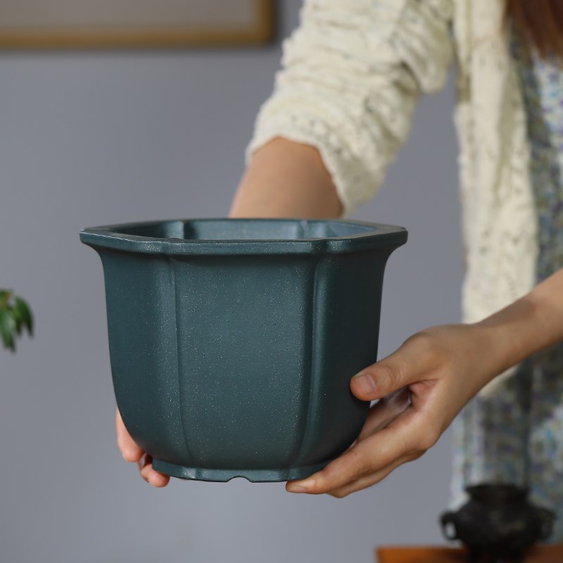 清香阁紫砂 匠人精制墨绿泥抽角六方盆 室内手工桌面绿植兰花卉盆