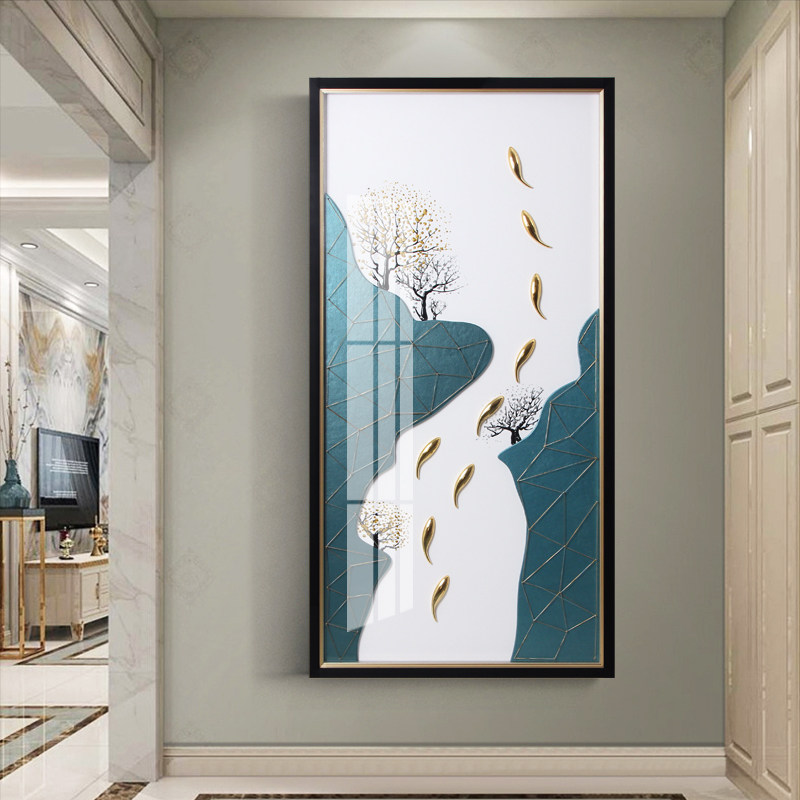 玄关过道背景墙立体艺术挂画九鱼图手工实物画竖版入户创意浮雕画