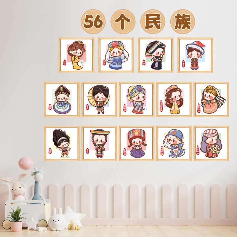 幼儿园小学56个民族风环创挂画教室楼梯墙面中华大团结卡通墙贴画