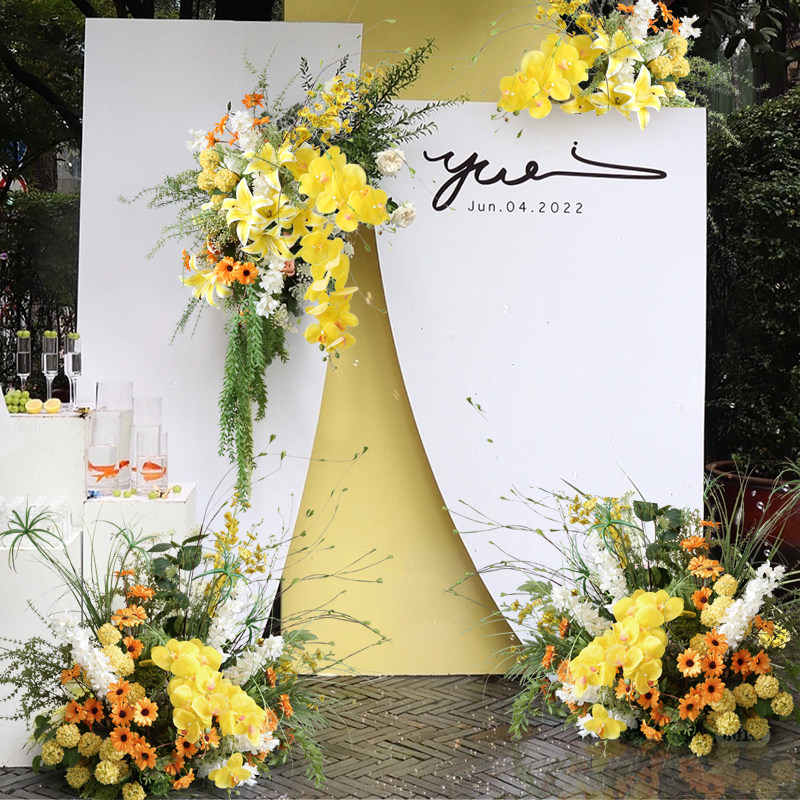 小清新黄绿色婚礼花艺场景仿真蝴蝶兰舞台背景壁挂花排仿真落地花