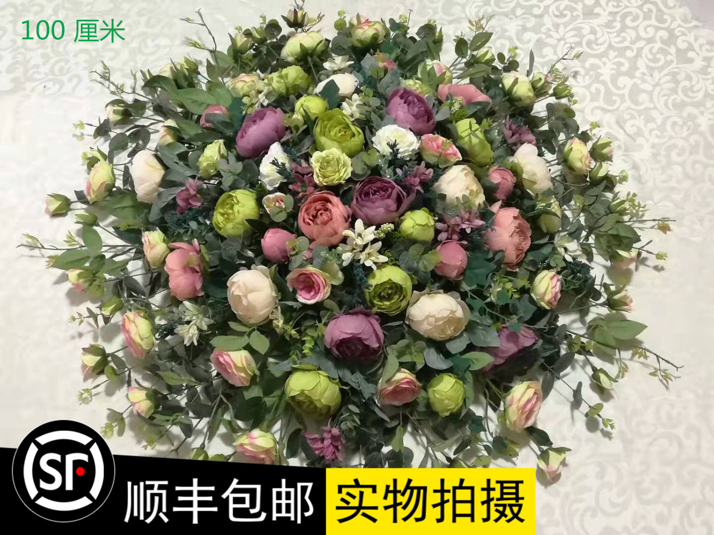 仿真新款套装会议桌假花酒店大电动转盘圆桌大型插花餐桌装饰欧式