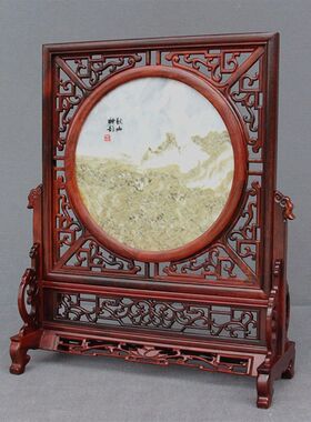 天然大理石屏风插屏雕刻家居摆件插屏实木红木酸枝木屏风座屏台屏