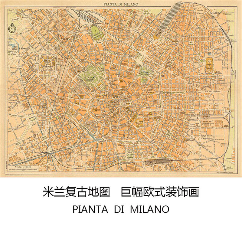 意大利米兰地图 1955年版 大尺寸幅面欧式客厅油画布装饰画芯心