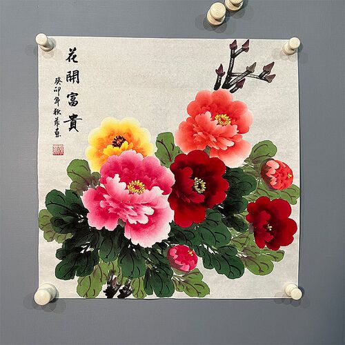 纯手绘手工国画牡丹三尺斗方画芯花开富贵玄关客厅走廊餐厅装饰画