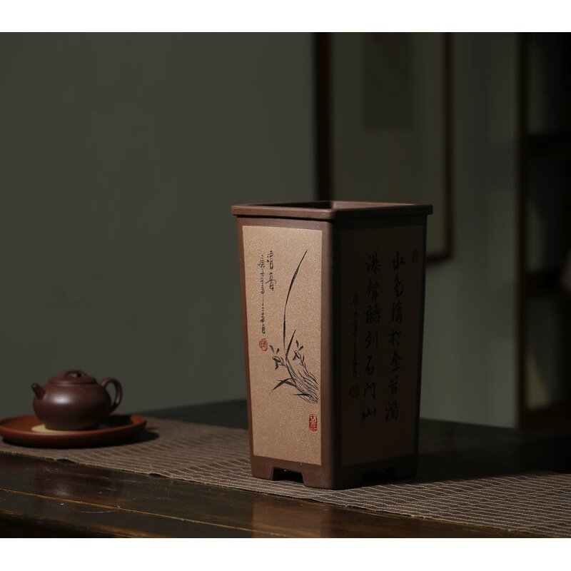 清香阁紫砂 白墨 程梅室内兰花盆 四方大号签筒 桌面悬崖盆景花盆