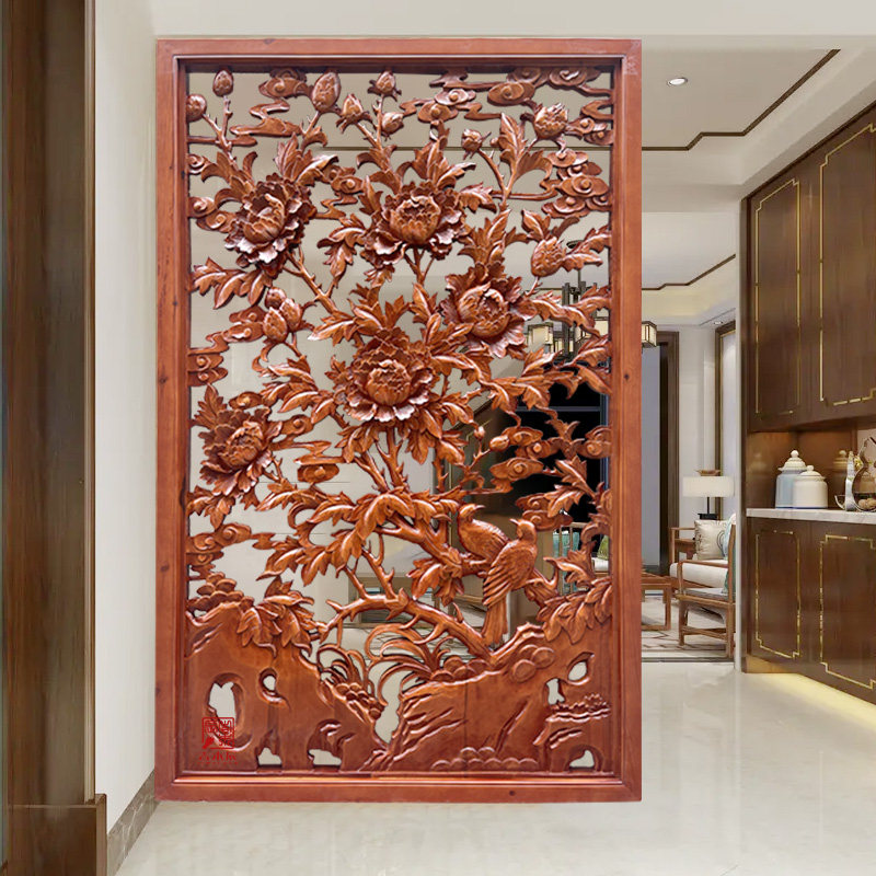 东阳木雕实木中式仿古屏风隔断香樟木玄关装背景墙壁挂件装饰定制