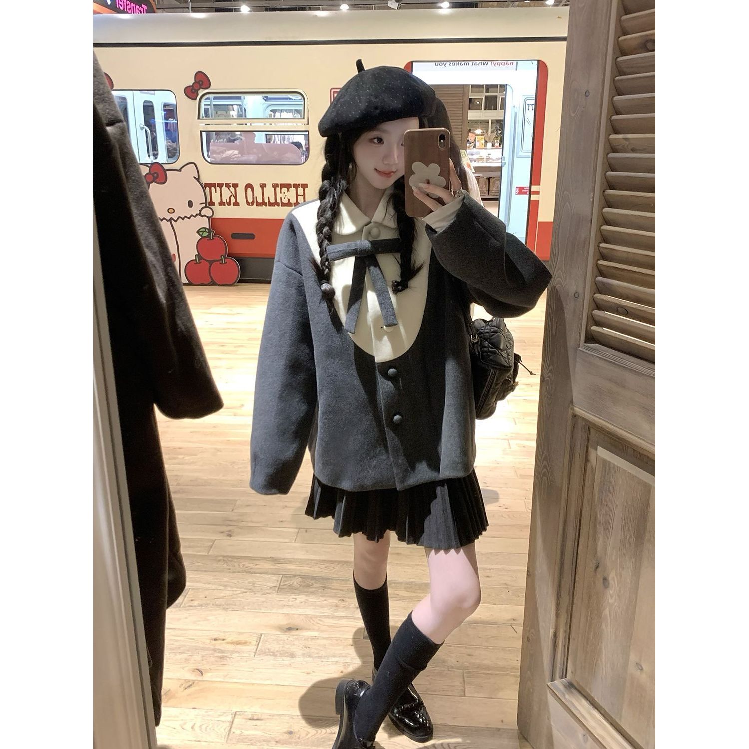 半季初雪 甜美少女感百搭蝴蝶结灰色拼接毛呢外套+半身裙两件套