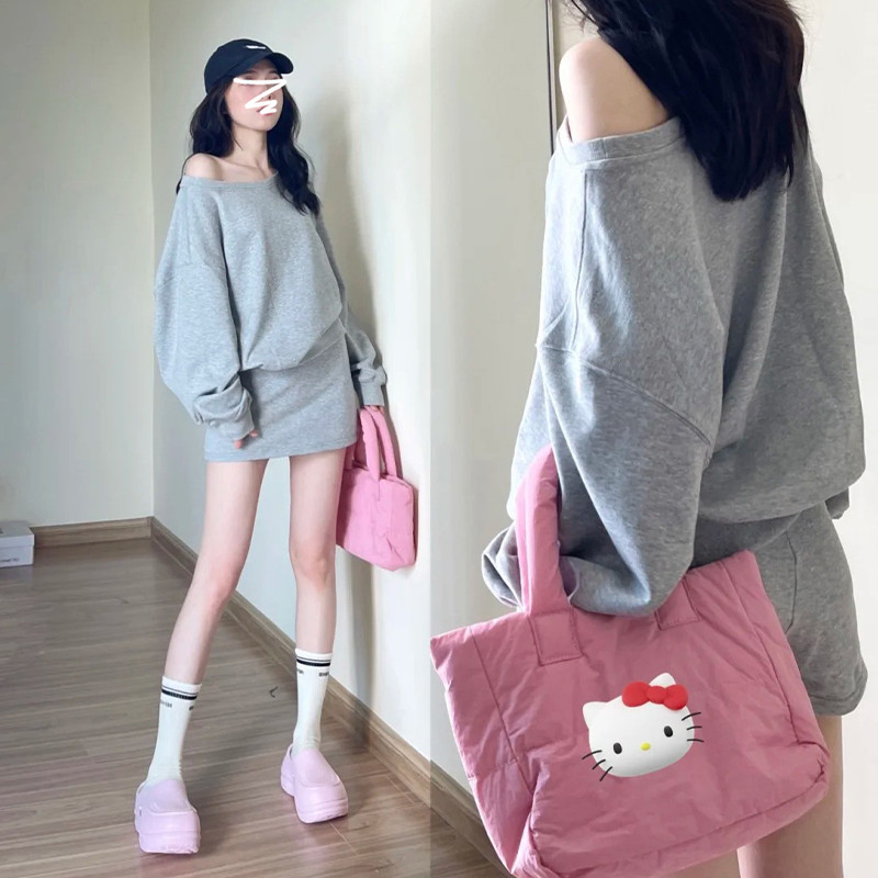 花灰色露肩斜肩卫衣女春秋季2025新款美式辣妹宽松慵懒风长袖上衣
