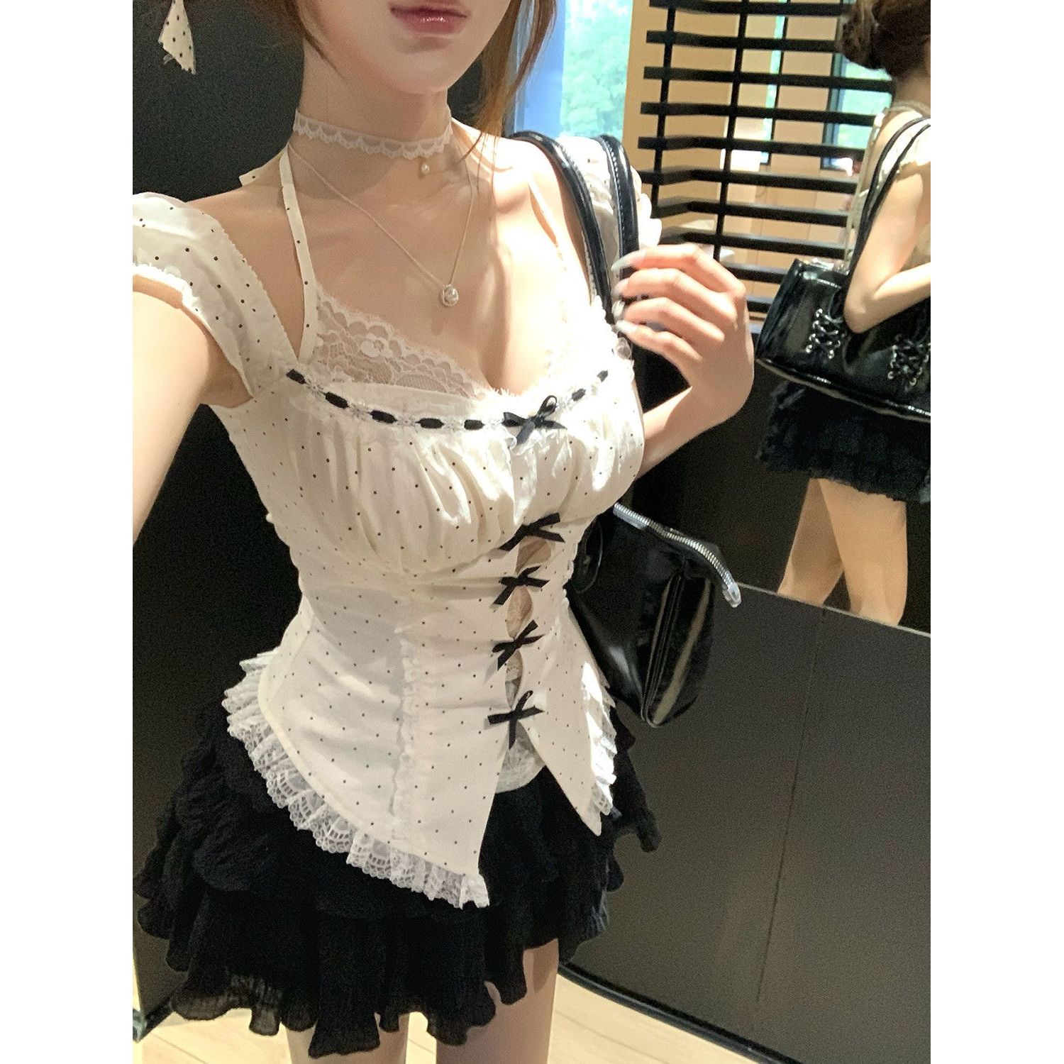 伯克恋人 夏季甜美纯欲风套装波点衬衫上衣+黑色蛋糕短裙两件套