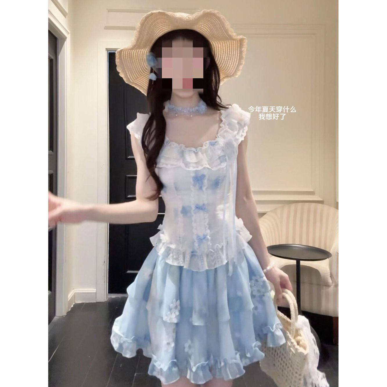 蓝屿花园 甜美风法式小飞袖上衣+蓬蓬短裙女夏季新款显瘦两件套
