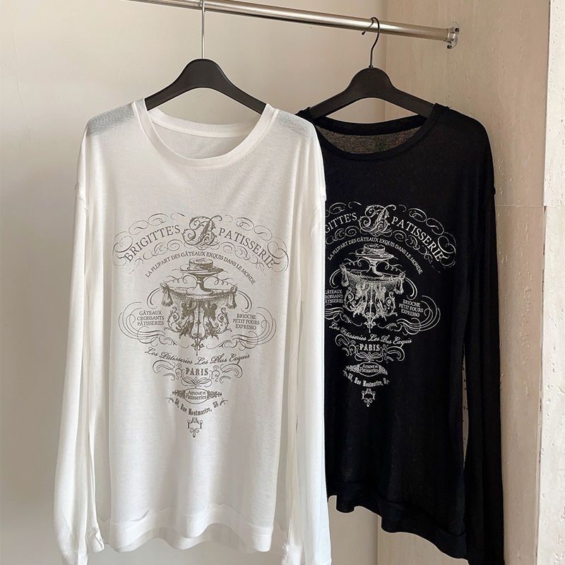 夏季设计感个性印花薄款长袖白色T恤女宽松休闲纯欲防晒罩衫上衣
