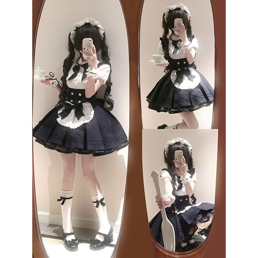 女仆咖啡 新款甜美短袖衬衫+Lolita条纹连衣裙套装夏季新款小个子