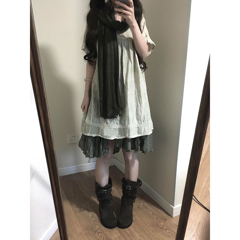 春和景明 日系文艺套装夏季古着vintage森系围巾上衣半裙三件套女