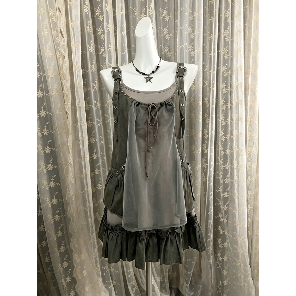 古早感vintage设计小众网纱拼接背带连衣裙+内搭吊带两件套女夏季