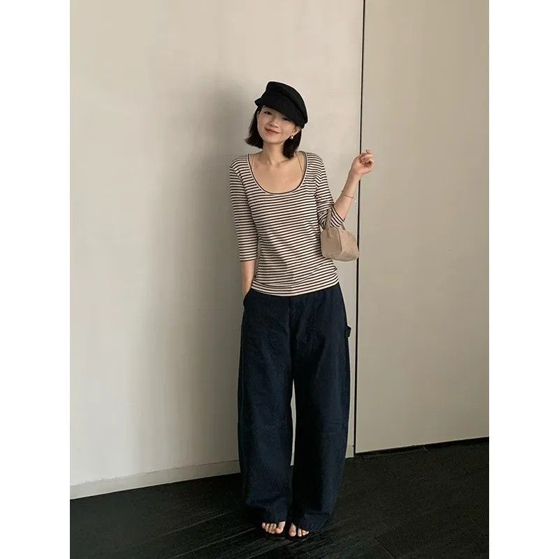 百搭舒适天丝莱赛尔条纹中袖T恤女夏季新款修身显瘦大U领半袖上衣