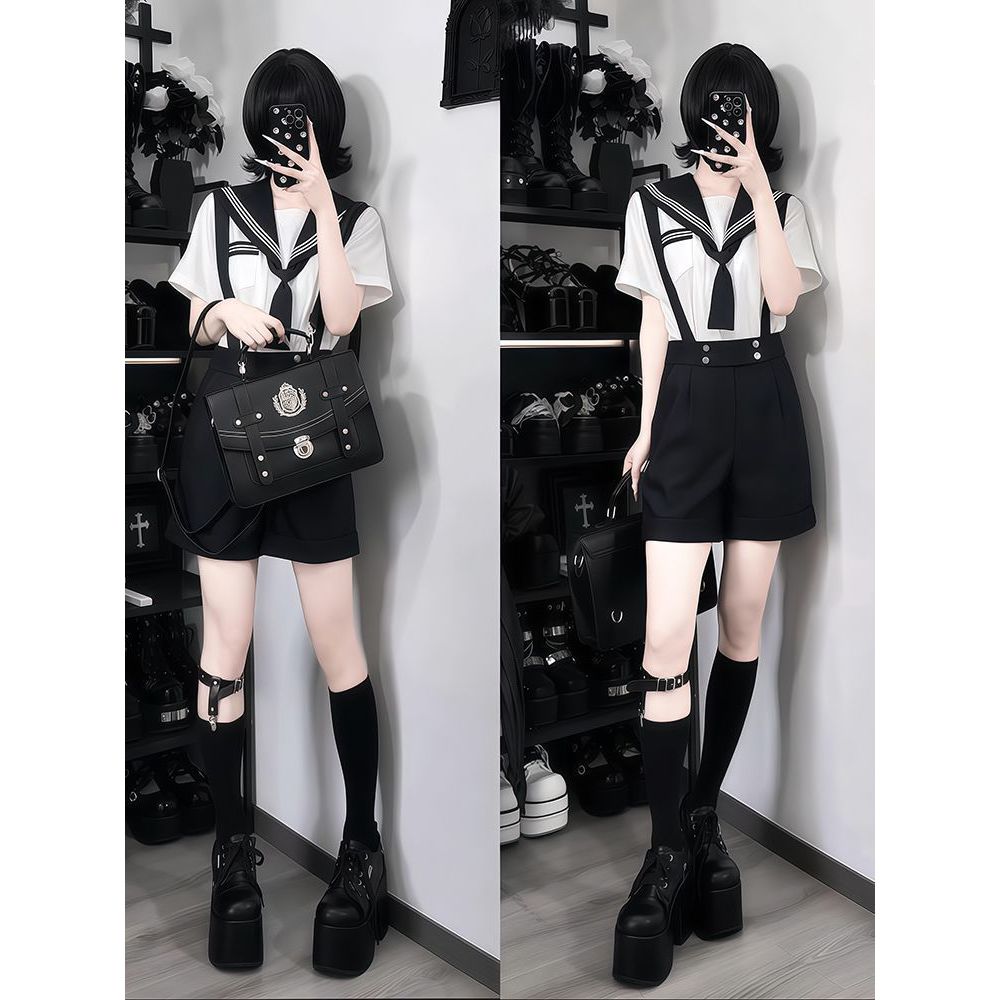 黑襟制服 暗黑校供海军翻领衬衣+高腰背带短裤套装小个子夏季新款