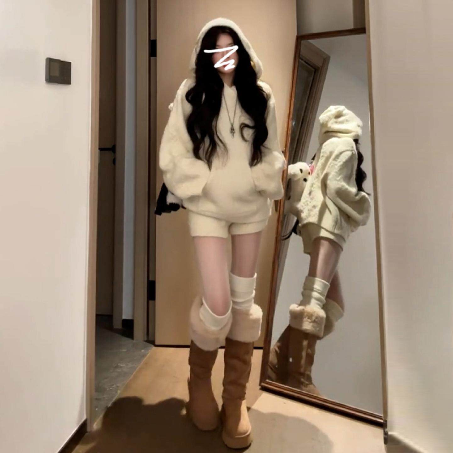 一整套ootd穿搭韩系连帽针织连衣裙子女装秋冬季2026新款短裙套装